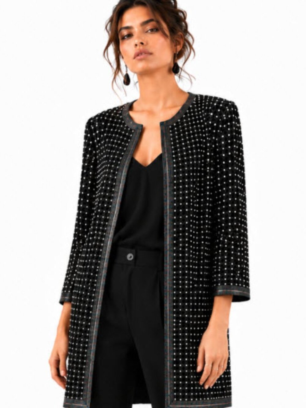 Vintage Black Beaded Jacket Iridescent Open Front Evening XL